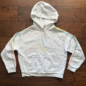 Adidas Girlās White Loose Fit Hoodie Size Large With Kangaroo Pocket